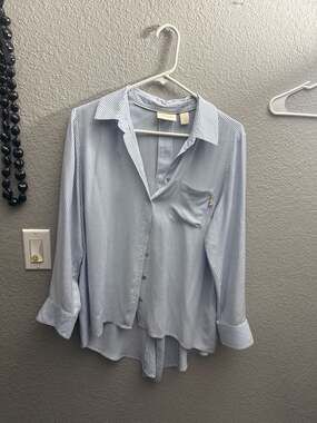 Chico's Blue & White Striped High-Low Button-Up Shirt with Tassel Detail - Size